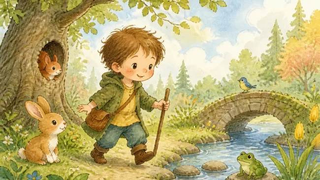Children’s book style illustration of a child in a storybook scene